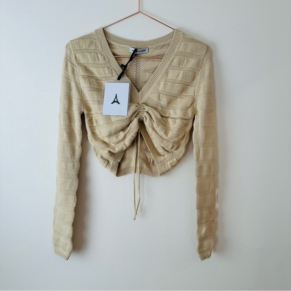 New Maniere De Voir Contour Beige Knit Long Sleeve Top Cropped wrap tie waist - Picture 3 of 8